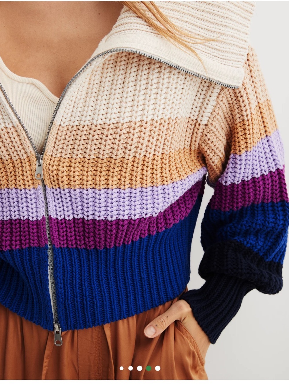 Aerie Double Zip Cardigan Sweater Color Block Purple Tan Blue Cream Size Medium
